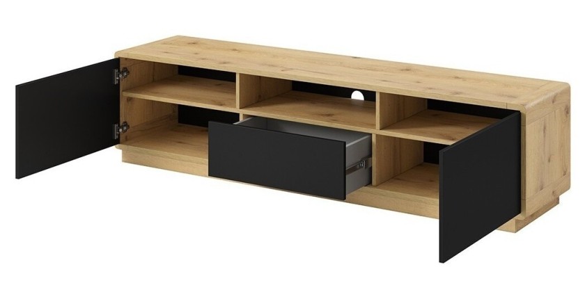 Meuble TV 180cm collection VILLA. Couleur chêne et noir mat. LED intégrée