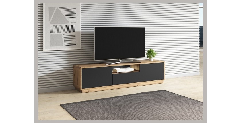 Meuble TV 180cm collection VILLA. Couleur chêne et noir mat. LED intégrée