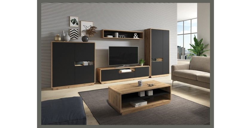 Meuble TV 180cm collection VILLA. Couleur chêne et noir mat. LED intégrée