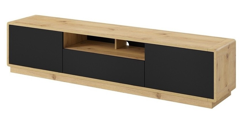 Meuble TV 200cm collection VILLA. Couleur chêne et noir mat. LED intégrée