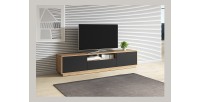 Meuble TV 200cm collection VILLA. Couleur chêne et noir mat. LED intégrée
