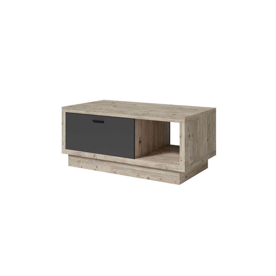 Table basse design collection CORK avec tiroir et niche. Aspect bois et gris.