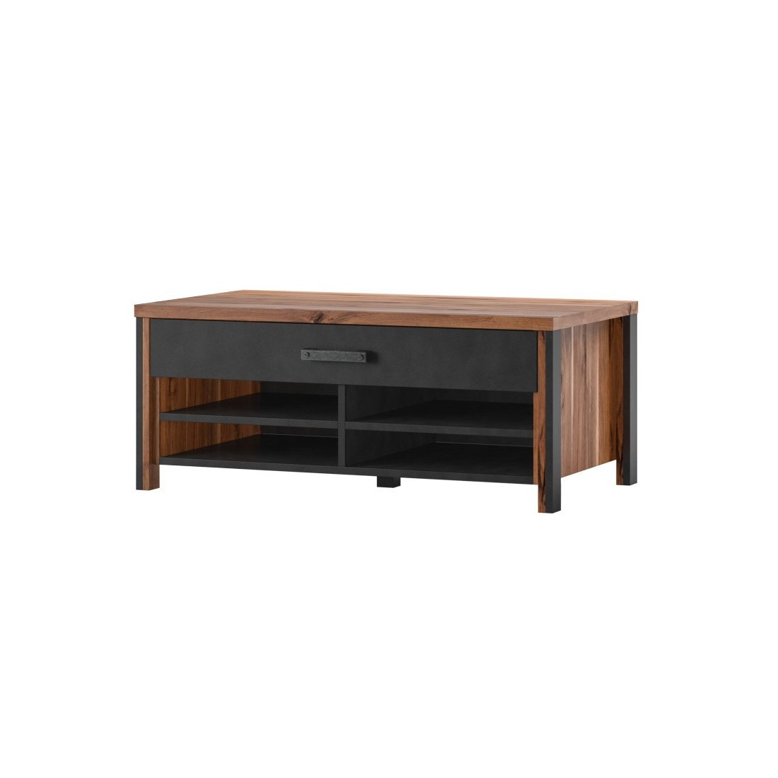 Table basse design collection WINDSOR avec tiroir et niches. Coloris chêne foncé et gris anthracite.