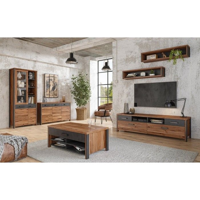 Table basse design collection WINDSOR avec tiroir et niches. Coloris chêne foncé et gris anthracite.