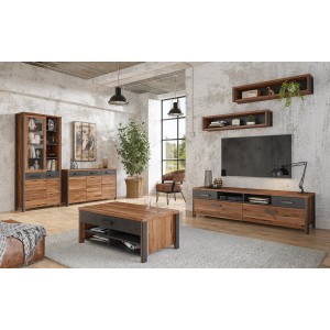 Table basse design collection WINDSOR avec tiroir et niches. Coloris chêne foncé et gris anthracite.