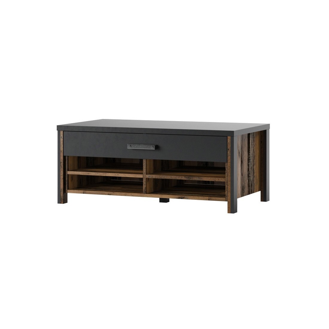 Table basse design collection WINDSOR avec tiroir et niches. Coloris gris anthracite et chêne foncé.