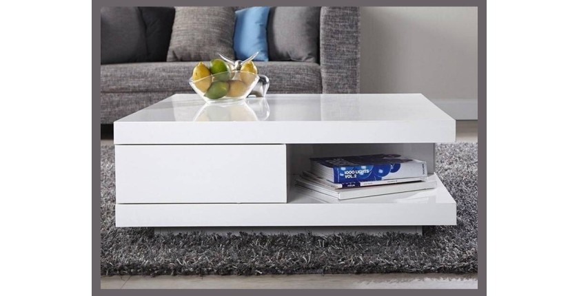 Table basse carrée design avec nombreux rangements collection ANYA. Couleur blanc brillant.