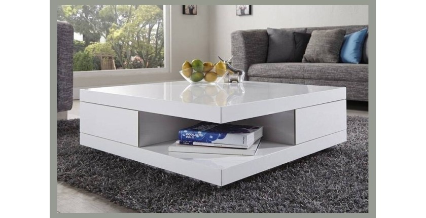 Table basse carrée design avec nombreux rangements collection ANYA. Couleur blanc brillant.