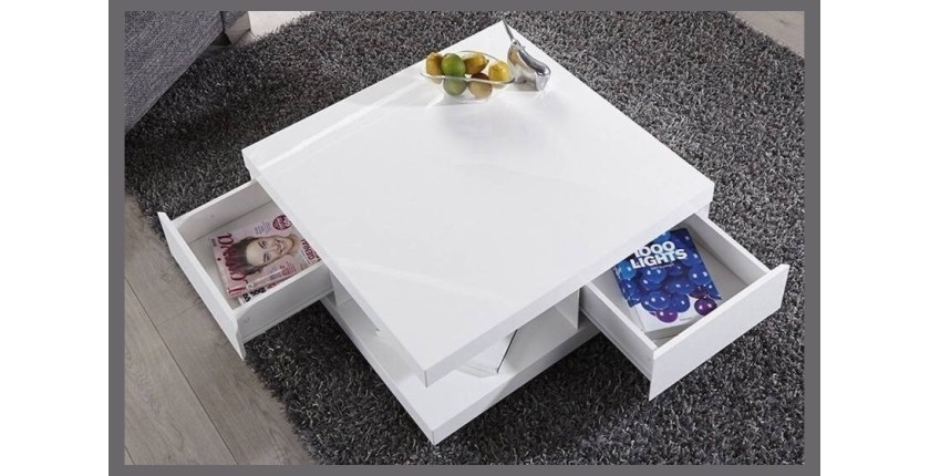 Table basse carrée design avec nombreux rangements collection ANYA. Couleur blanc brillant.