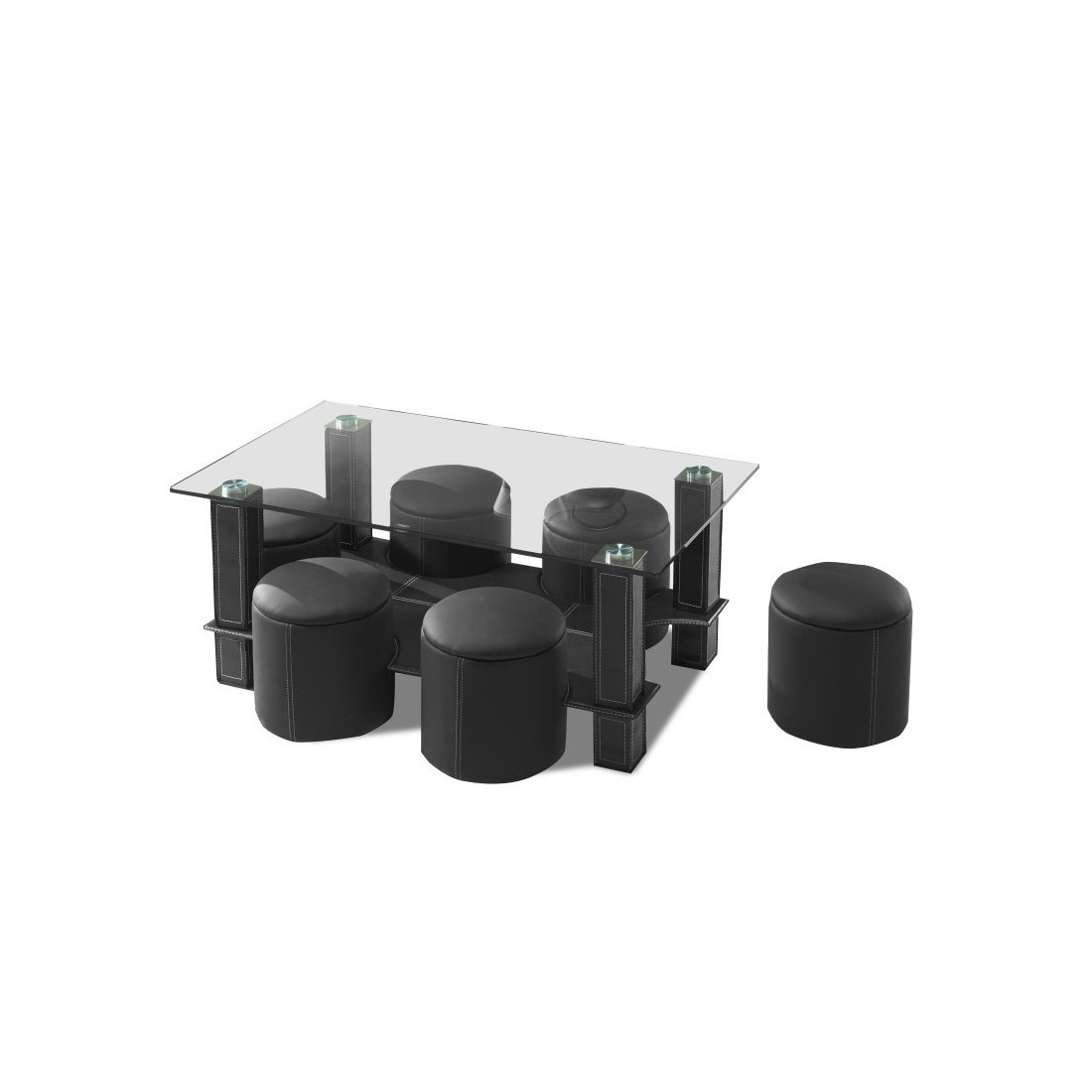 Table basse avec 6 poufs collection JULIA. Meuble type CONTEMPORAIN coloris noir