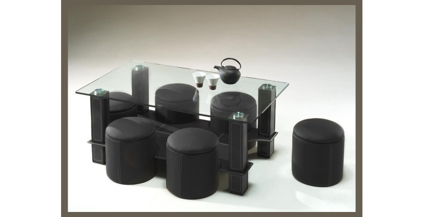 Table basse avec 6 poufs collection JULIA. Meuble type CONTEMPORAIN coloris noir