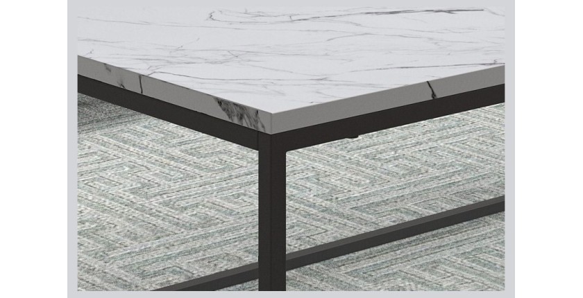 Table basse collection OREGON. Meuble style industriel effet marbre blanc.