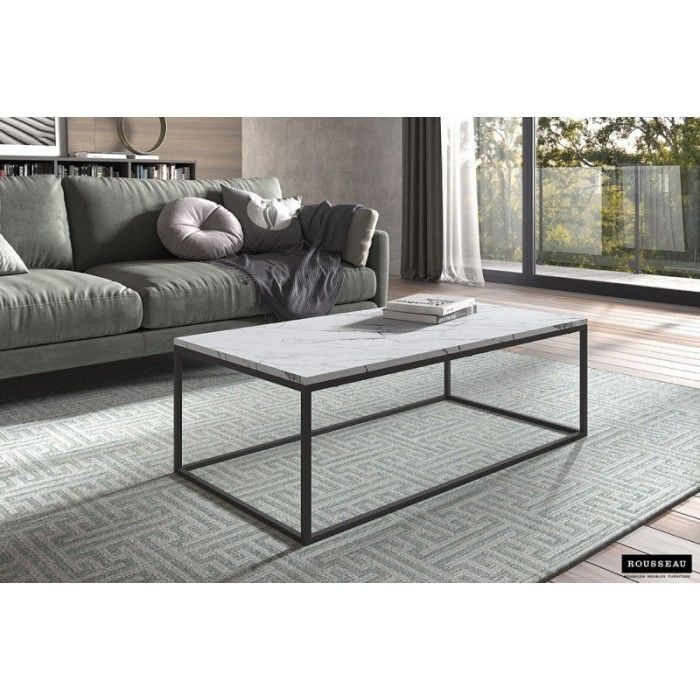Table basse collection OREGON. Meuble style industriel effet marbre blanc.