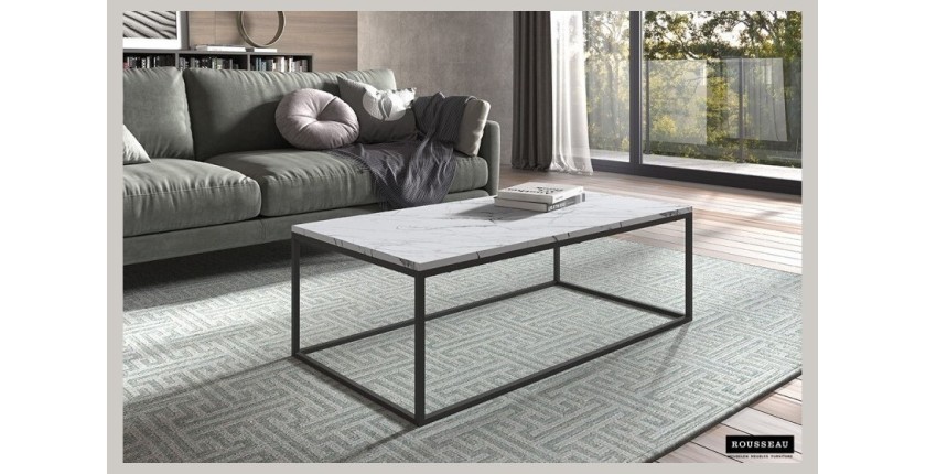 Table basse collection OREGON. Meuble style industriel effet marbre blanc.