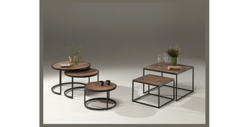 Table basse gigogne ronde en bois massif collection LENOX. Meuble style industriel