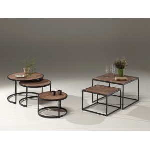 Table basse gigogne ronde en bois massif collection LENOX. Meuble style industriel