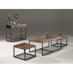 Table d'appoint style industriel HELLINGTON effet chêne foncé - Table basse - Ensemble 3 pièces