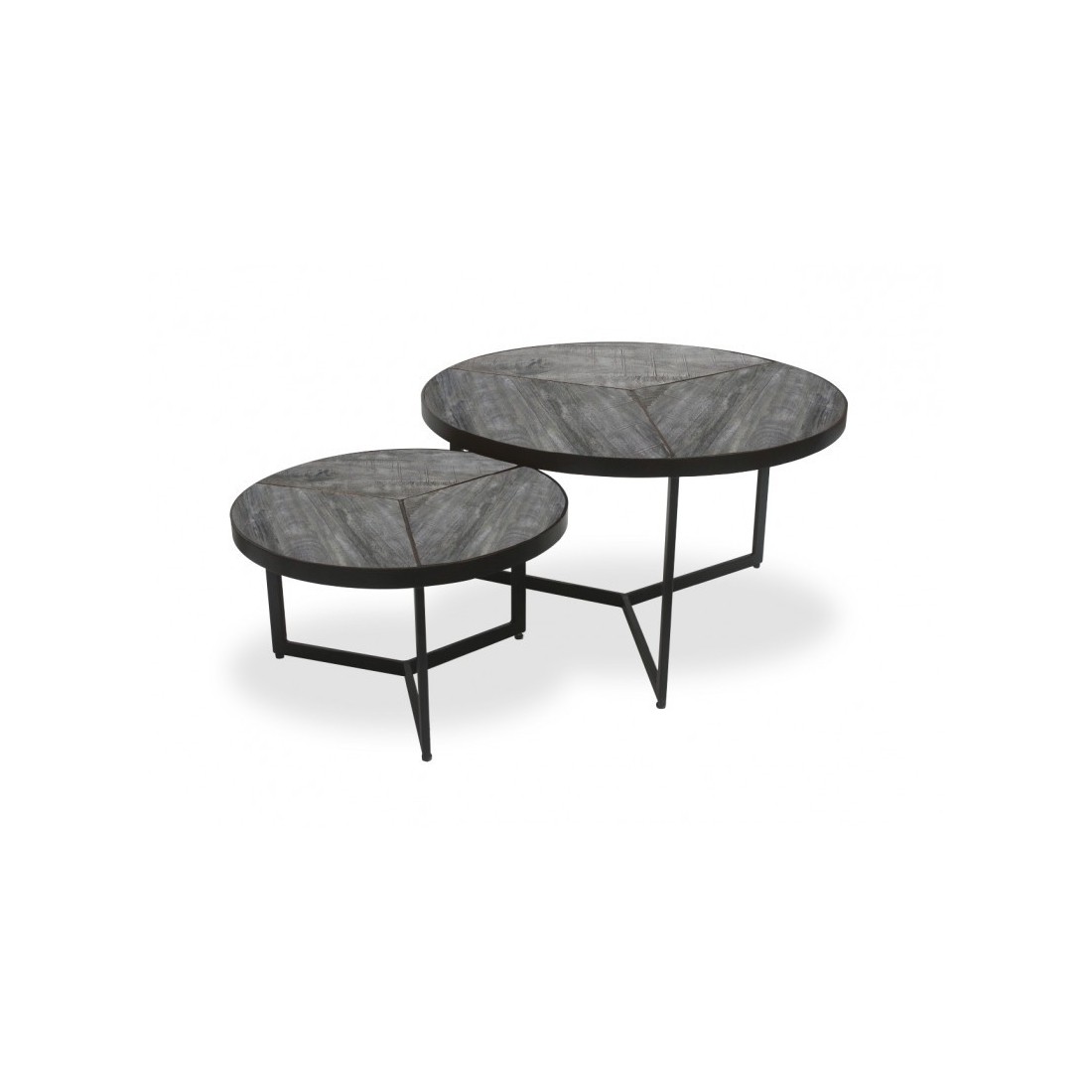Table basse gigogne ronde en bois massif exotique. finition grise sablée collection LAVE.