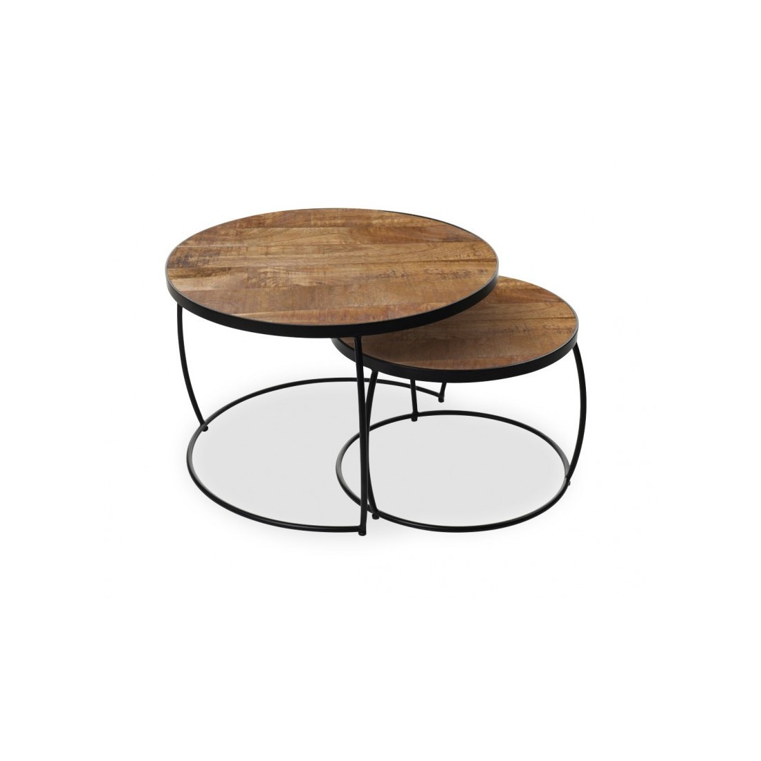 Table basse gigogne ronde en bois massif exotique collection LARSON. Meuble style industriel