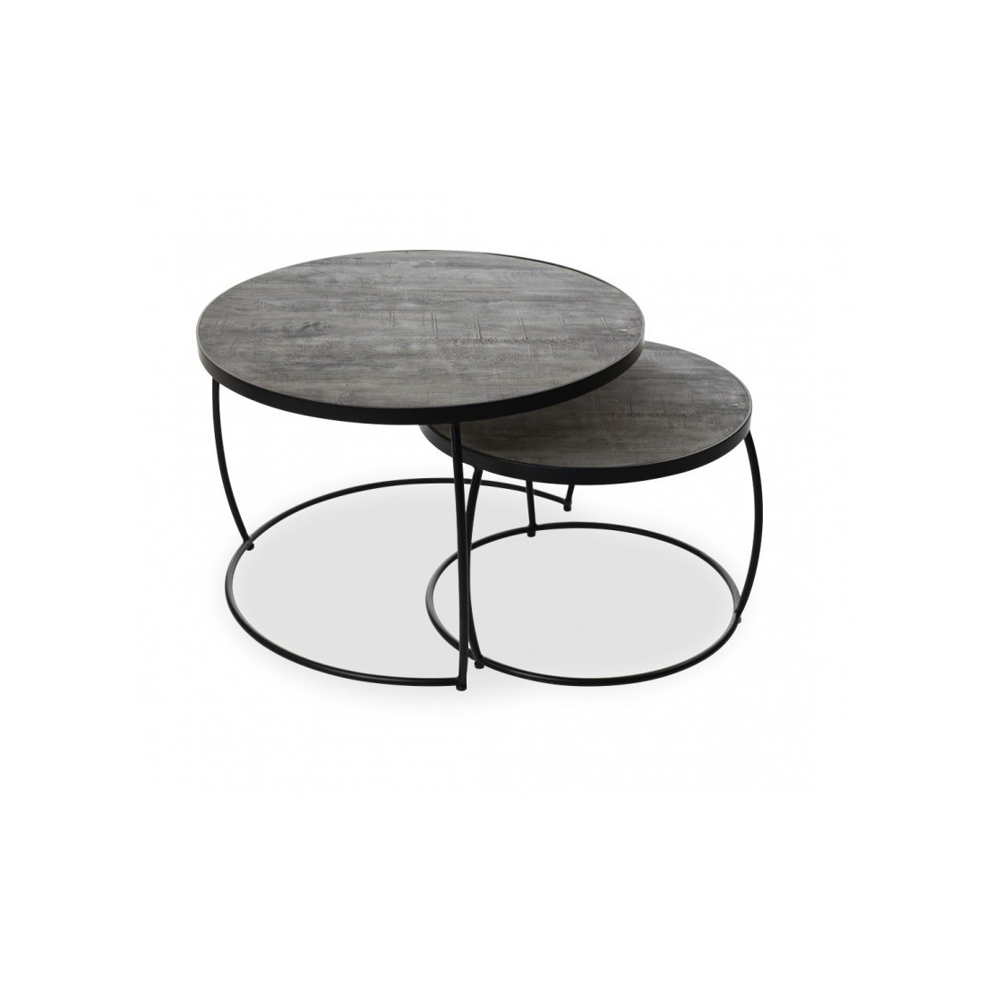 Table basse gigogne ronde en bois massif exotique. Finition grise. Collection LARSON.