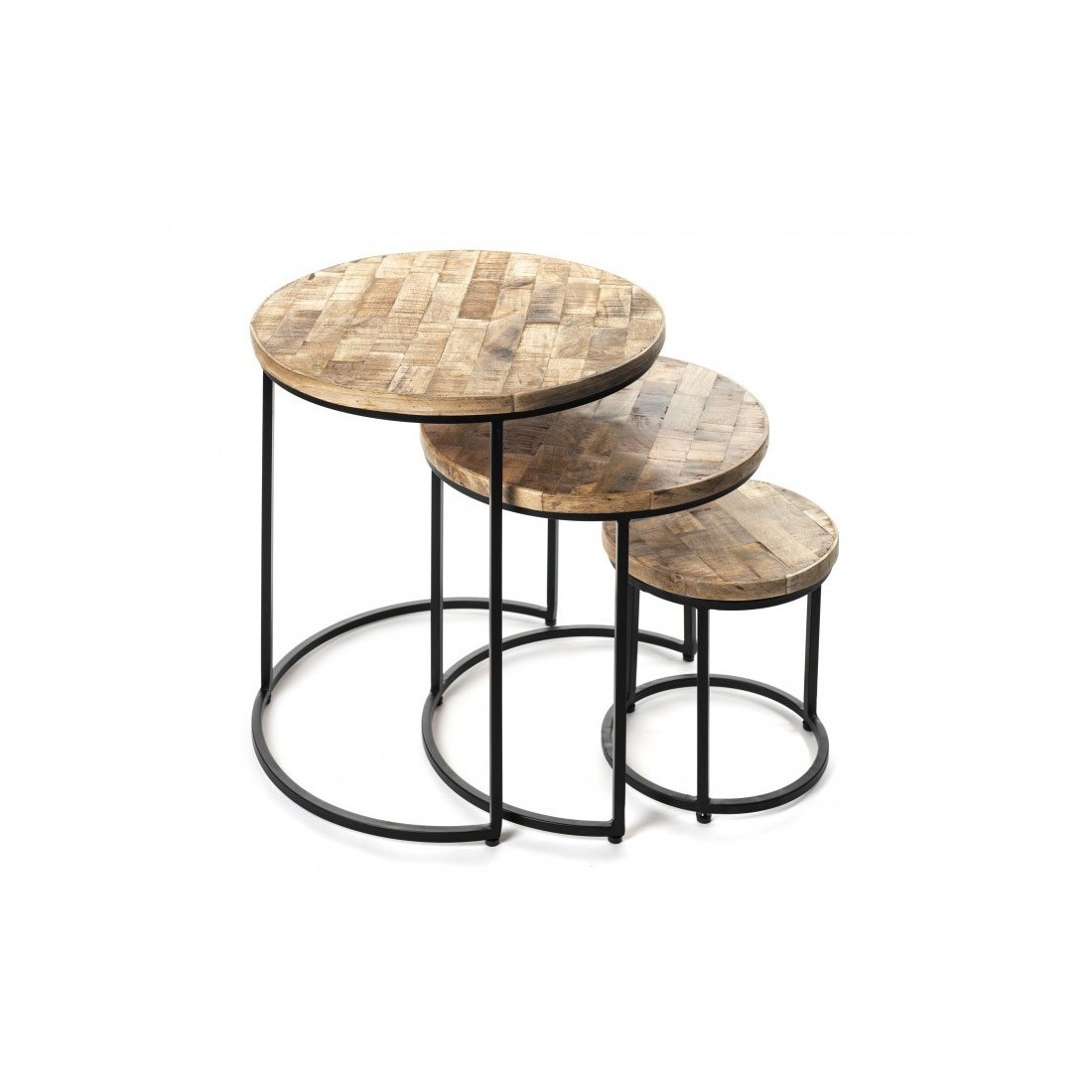 Table d'appoint gigogne ronde en bois massif collection OIKOS. Meuble style industriel