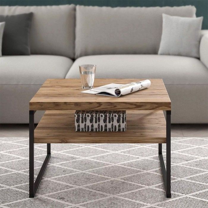 Table basse carrée style industriel collection ZOLA. Coloris épicéa et noir.