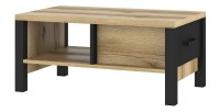 Table basse design collection DARWIN avec un tiroir et une niche. Couleur chêne clair et noir.