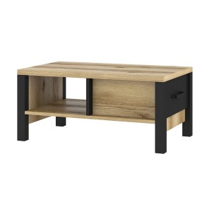 Table basse design collection DARWIN avec un tiroir et une niche. Couleur chêne clair et noir.