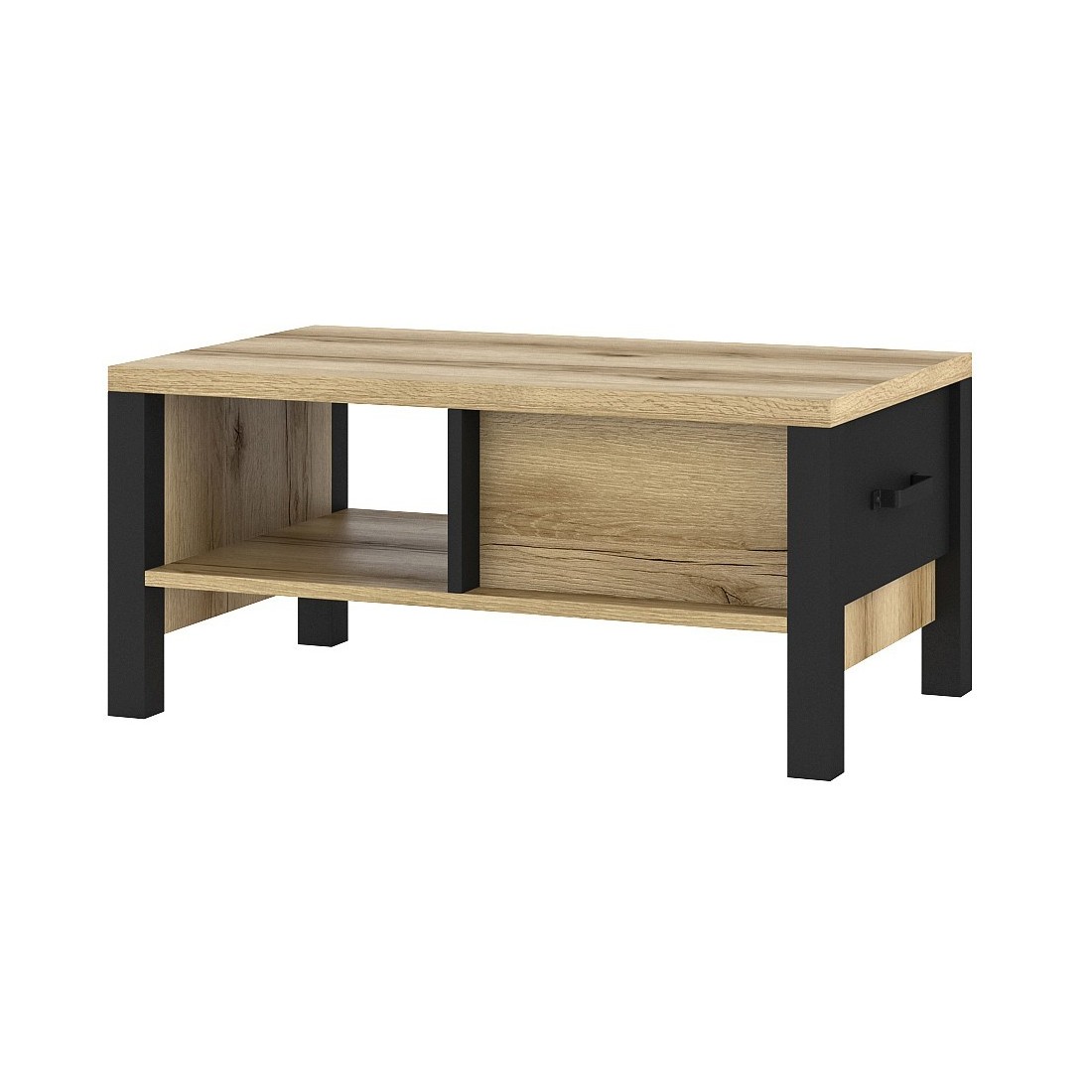 Table basse design collection DARWIN avec un tiroir et une niche. Couleur chêne clair et noir.