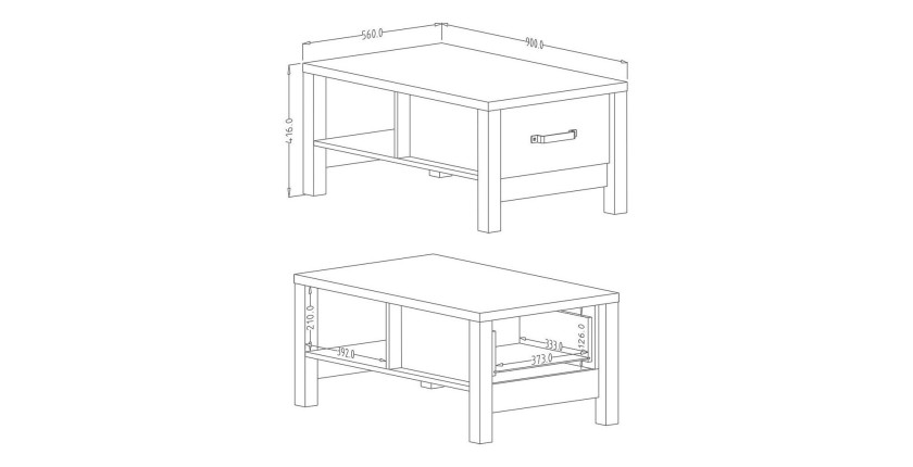 Table basse design collection DARWIN avec un tiroir et une niche. Couleur chêne clair et noir.