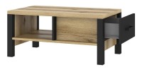 Table basse design collection DARWIN avec un tiroir et une niche. Couleur chêne clair et noir.