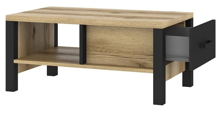 Table basse design collection DARWIN avec un tiroir et une niche. Couleur chêne clair et noir.