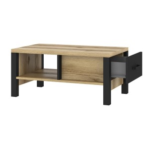 Table basse design collection DARWIN avec un tiroir et une niche. Couleur chêne clair et noir.