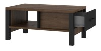 Table basse design collection DARWIN avec un tiroir et une niche. Couleur chêne foncé et noir.