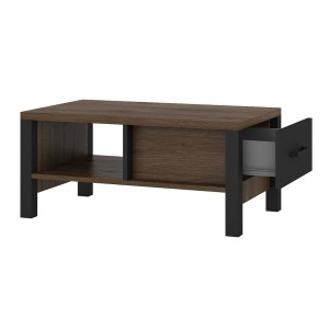 Table basse design collection DARWIN avec un tiroir et une niche. Couleur chêne foncé et noir.