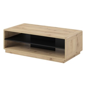 Table basse couleur chêne et noir collection VILLA avec niches de rangement.