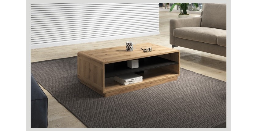 Table basse couleur chêne et noir collection VILLA avec niches de rangement.