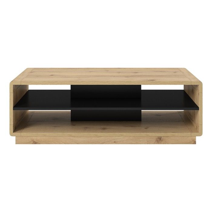 Table basse couleur chêne et noir collection VILLA avec niches de rangement.
