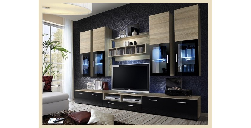 Composition de meubles TV  design collection LORA. Coloris chêne et noir.