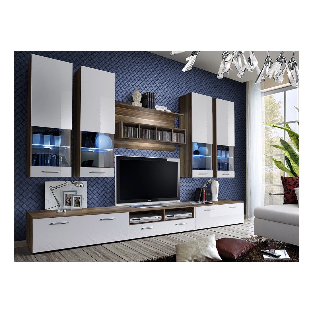 Composition de meubles TV collection SAGA. Coloris noyer et blanc