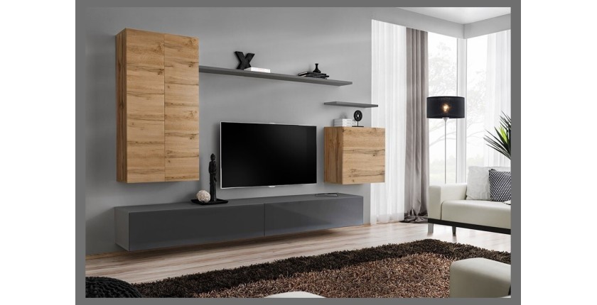 Ensemble meuble salon SWITCH II design, coloris chêne Wotan et gris brillant.