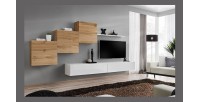 Ensemble meuble salon mural SWITCH X design, coloris blanc brillant et chêne Wotan.
