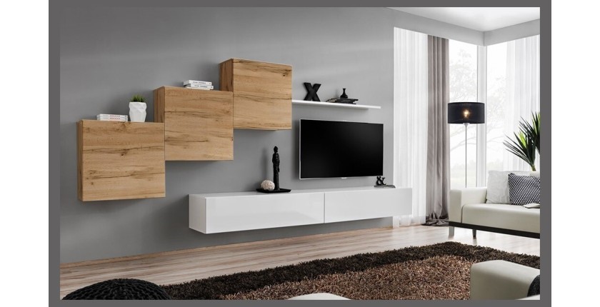 Ensemble meuble salon mural SWITCH X design, coloris blanc brillant et chêne Wotan.