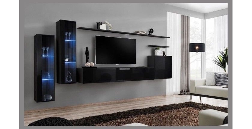 Ensemble meuble salon mural SWITCH XI design, coloris noir brillant.