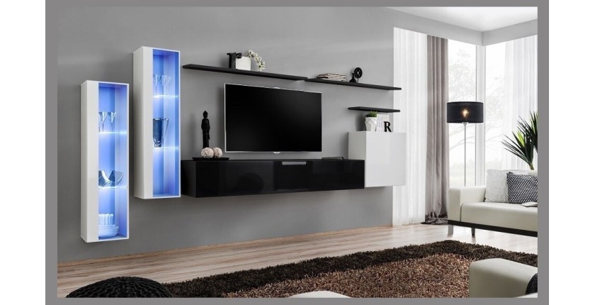 Ensemble meuble salon mural SWITCH XI design, coloris blanc et noir brillant