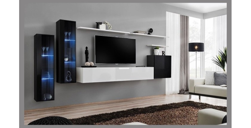 Ensemble meuble salon mural SWITCH XI design, coloris noir et blanc brillant