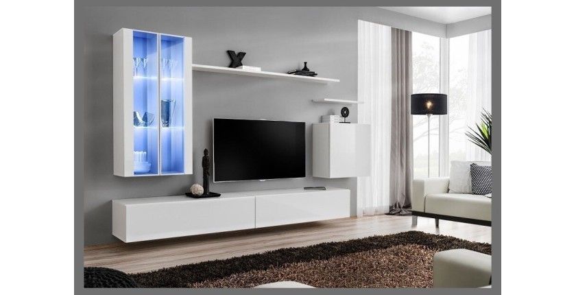 Ensemble meuble salon mural SWITCH XII design, coloris blanc brillant.