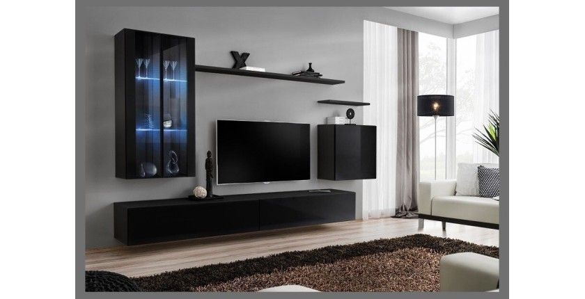 Ensemble meuble salon mural SWITCH XII design, coloris noir brillant.