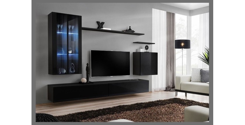 Ensemble meuble salon mural SWITCH XII design, coloris noir brillant.