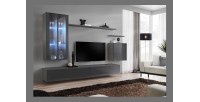 Ensemble meuble salon mural SWITCH XII design, coloris gris brillant.
